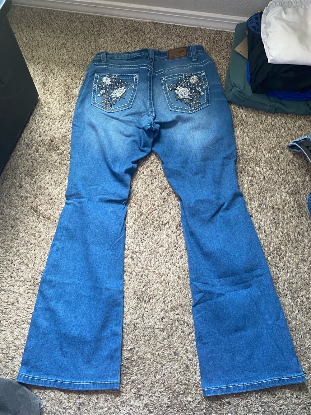Embellished Blue Flare Y Jeans with Back Pocket bling